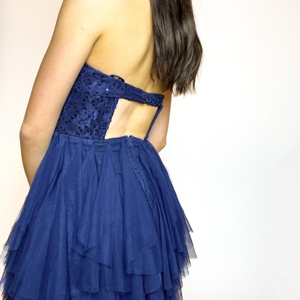 y2k 'city studio' navy blue sequin formal mini dress with open